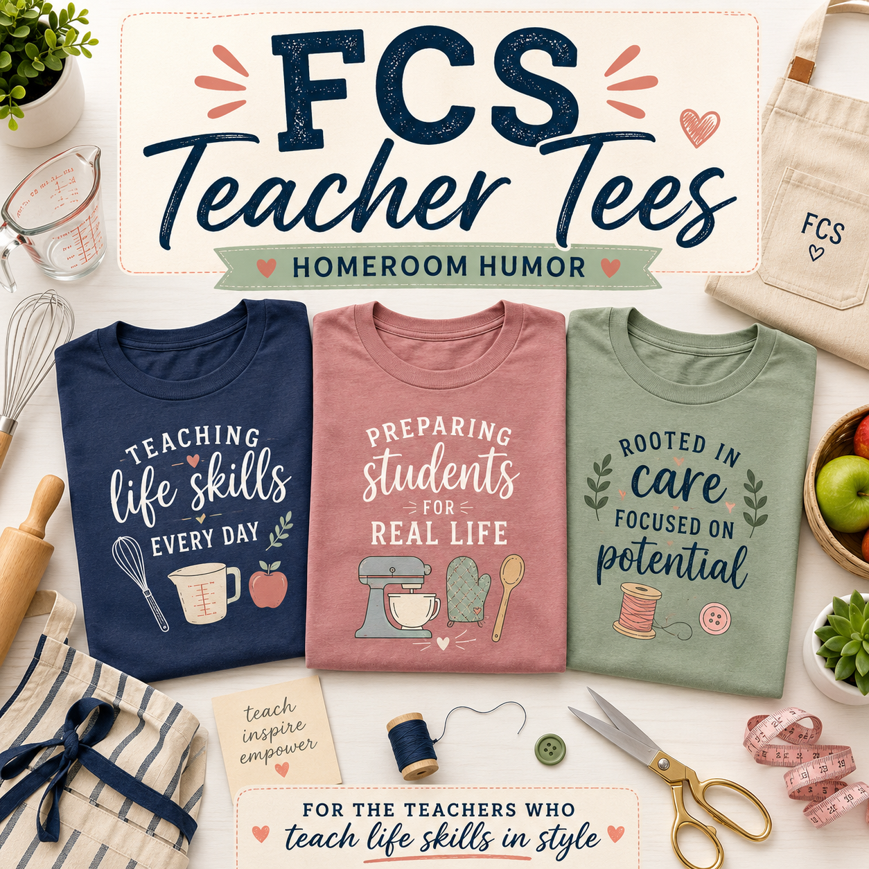 Cover image for a FCS Teacher Tees Collection with three FCS Themed tees and sewing and baking equipment.  
