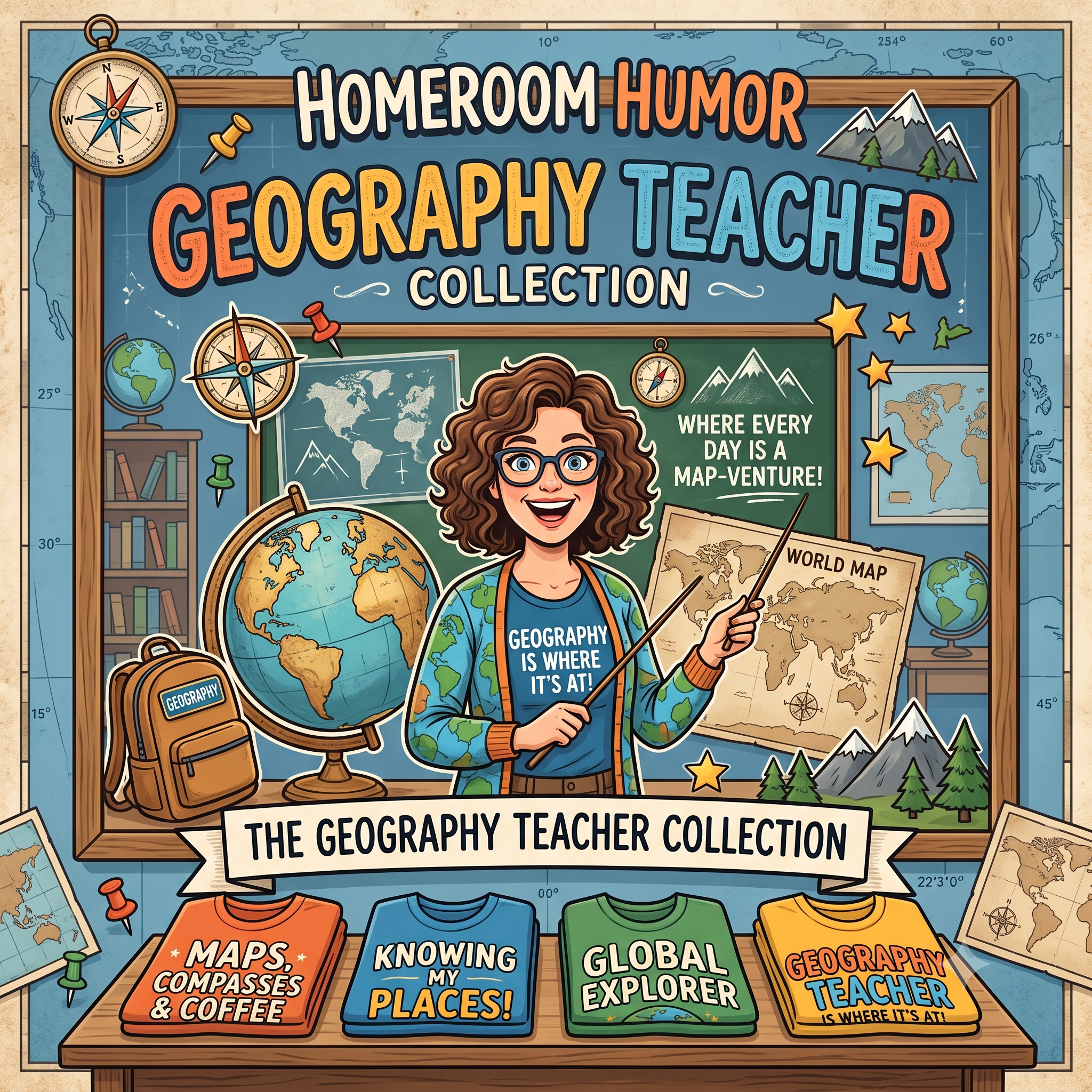 The Geography Teacher collection cover, Geography teacher graphic in a classroom