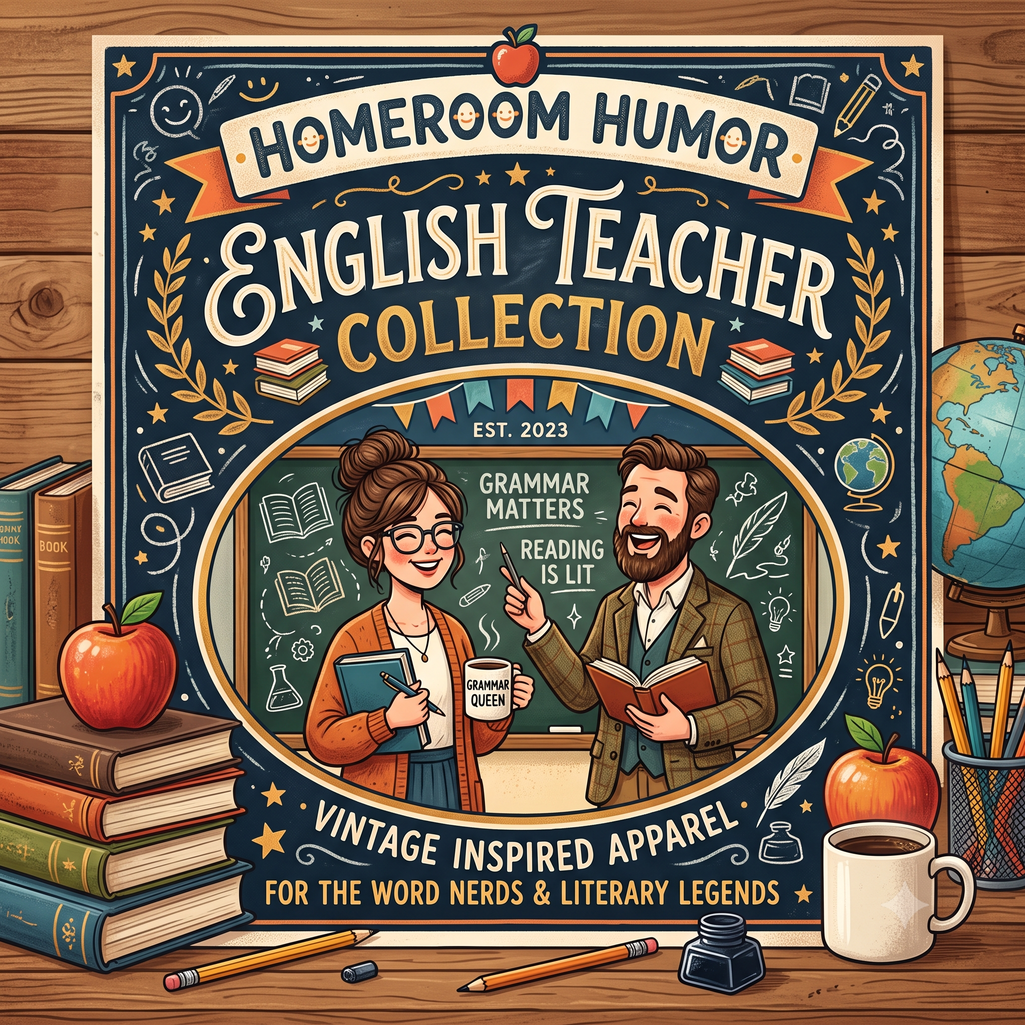 English Teacher Collection cover, two english teachers in a classroom surrounded by books.  