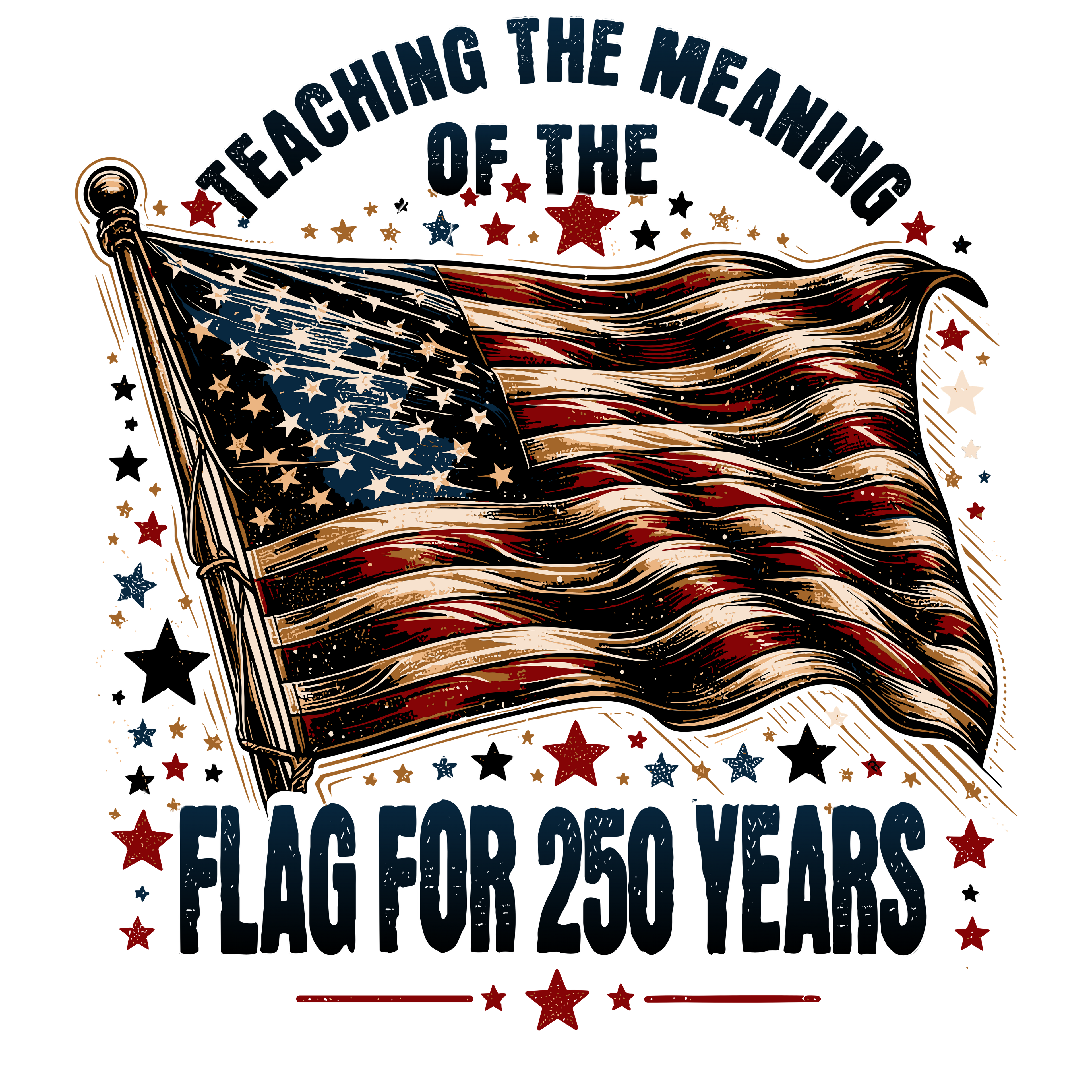Patriotic Collection cover photo of a US Flag surrounded by stars  and the words Teaching is the meaning of the flag for 250 years.