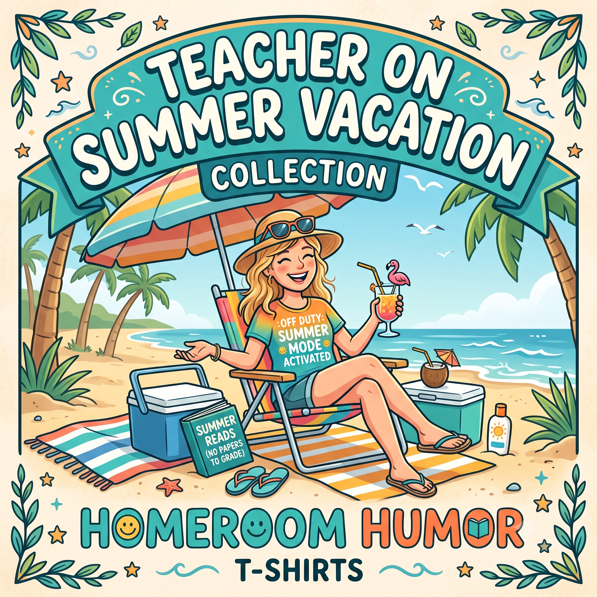 Summer Vacation Collection, Teacher enjoying a mai tai on a beach. 