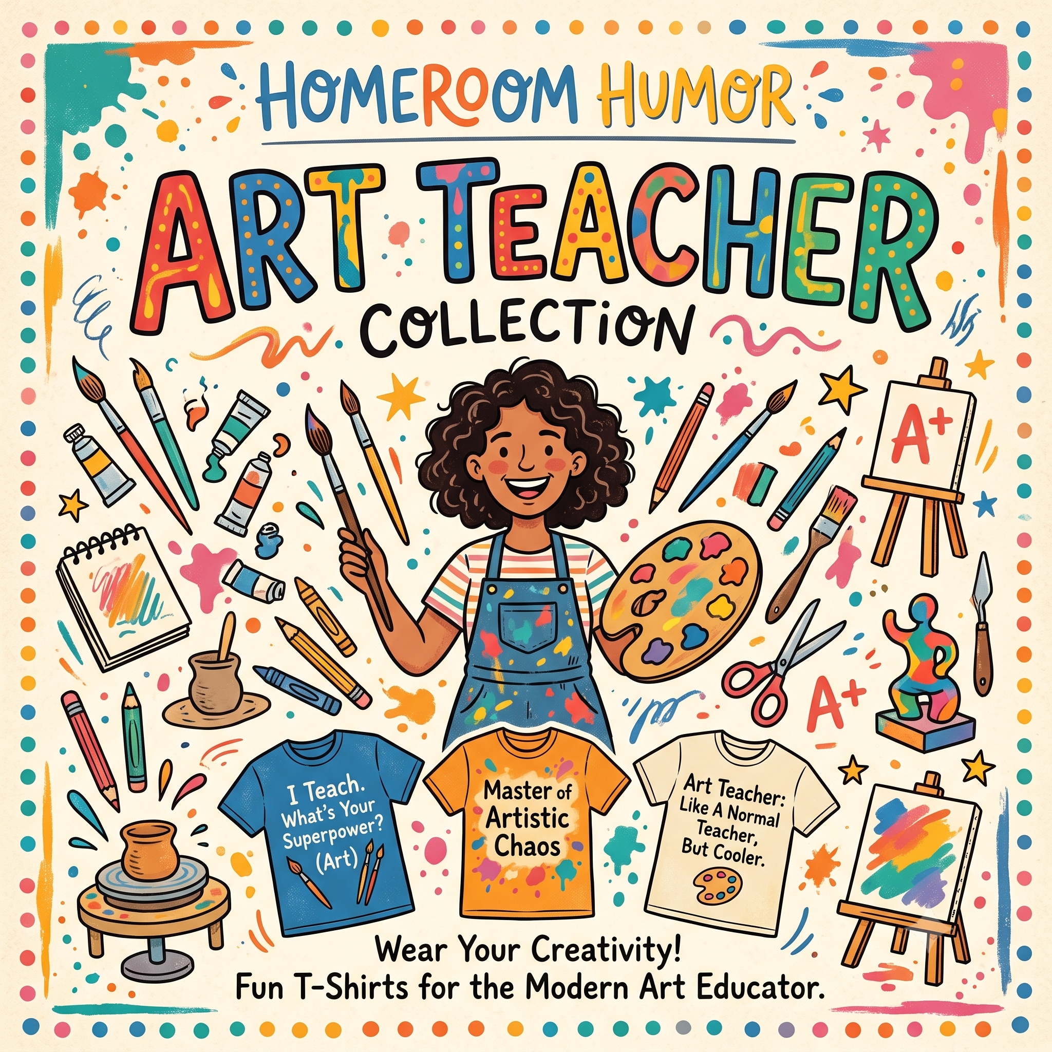 Art Teacher Collection cover, Art teacher surrounded by art supplies.  