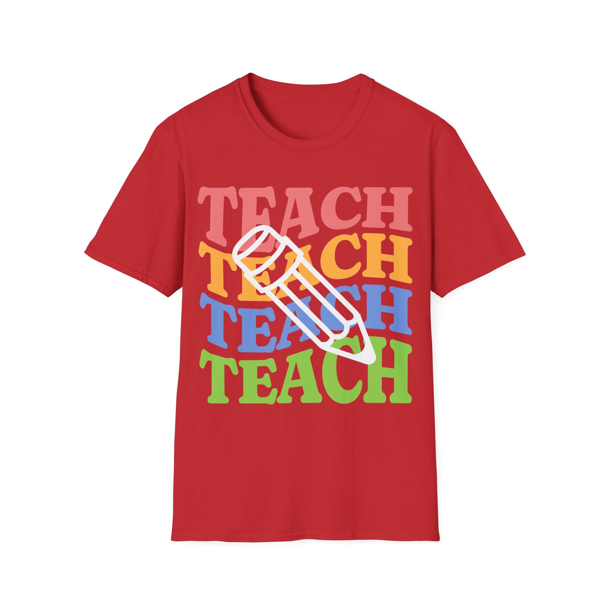 Teacher Pencil Tee — Colorful "TEACH" Graphic T-Shirt for Educators