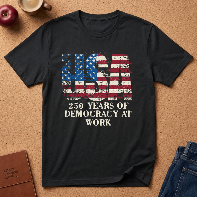 USA Flag T-Shirt – "250 Years of Democracy at Work" Patriotic Graphic Tee