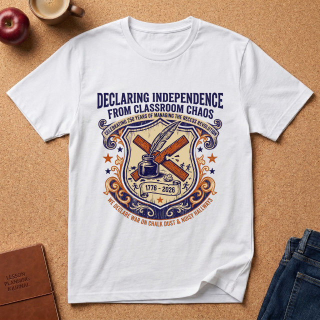 "Declaring Independence From Classroom Chaos" T-Shirt — Vintage Teacher Freedom Tee