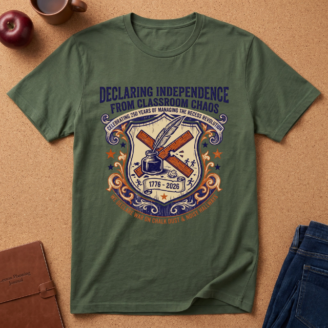 "Declaring Independence From Classroom Chaos" T-Shirt — Vintage Teacher Freedom Tee