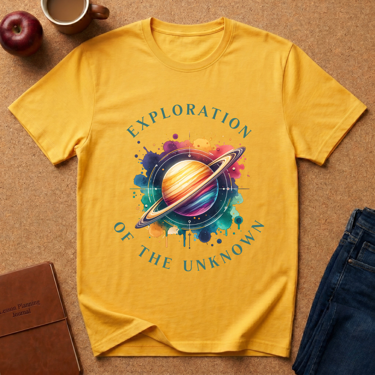 Exploration of the Unknown T-Shirt — Colorful Saturn Space Graphic