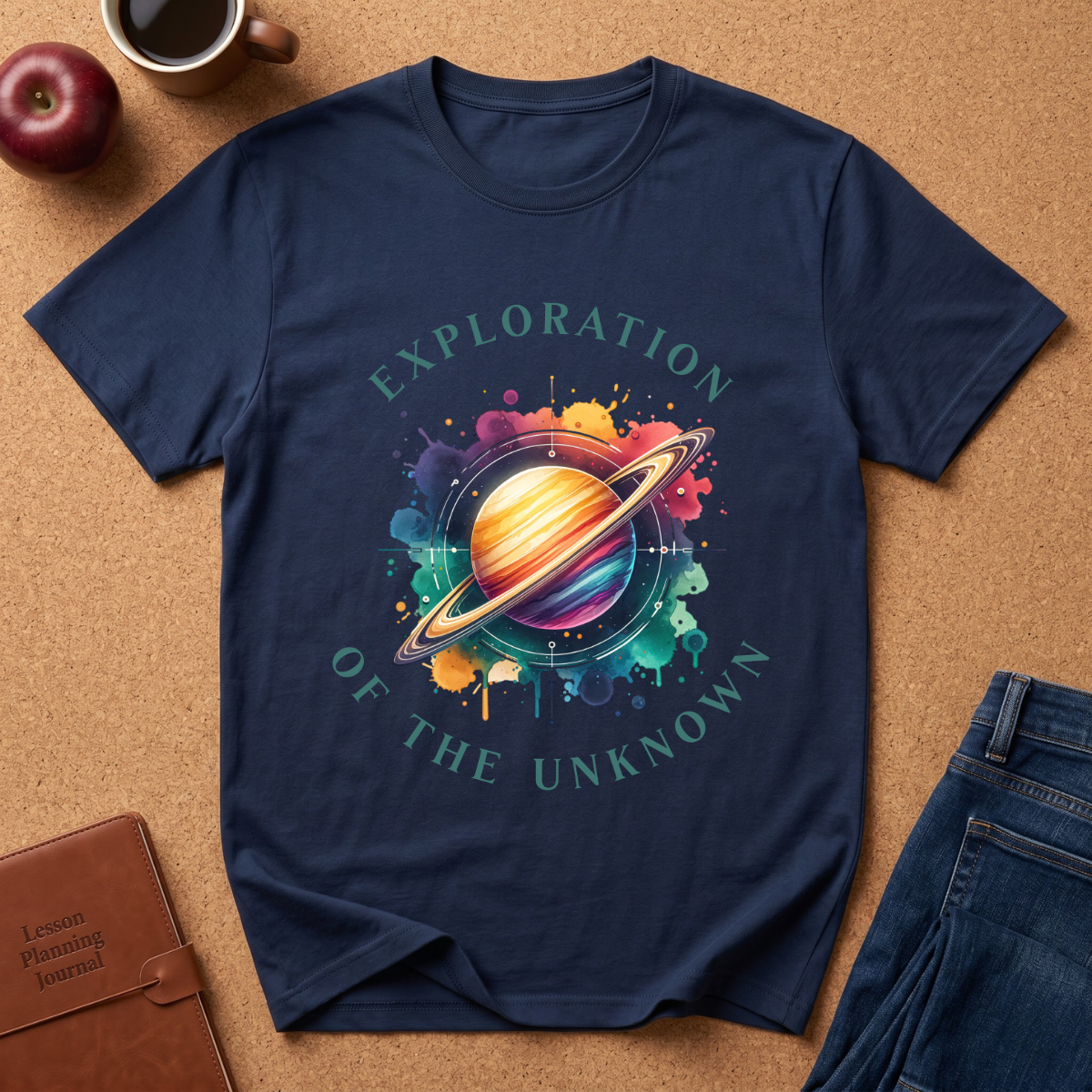 Exploration of the Unknown T-Shirt — Colorful Saturn Space Graphic