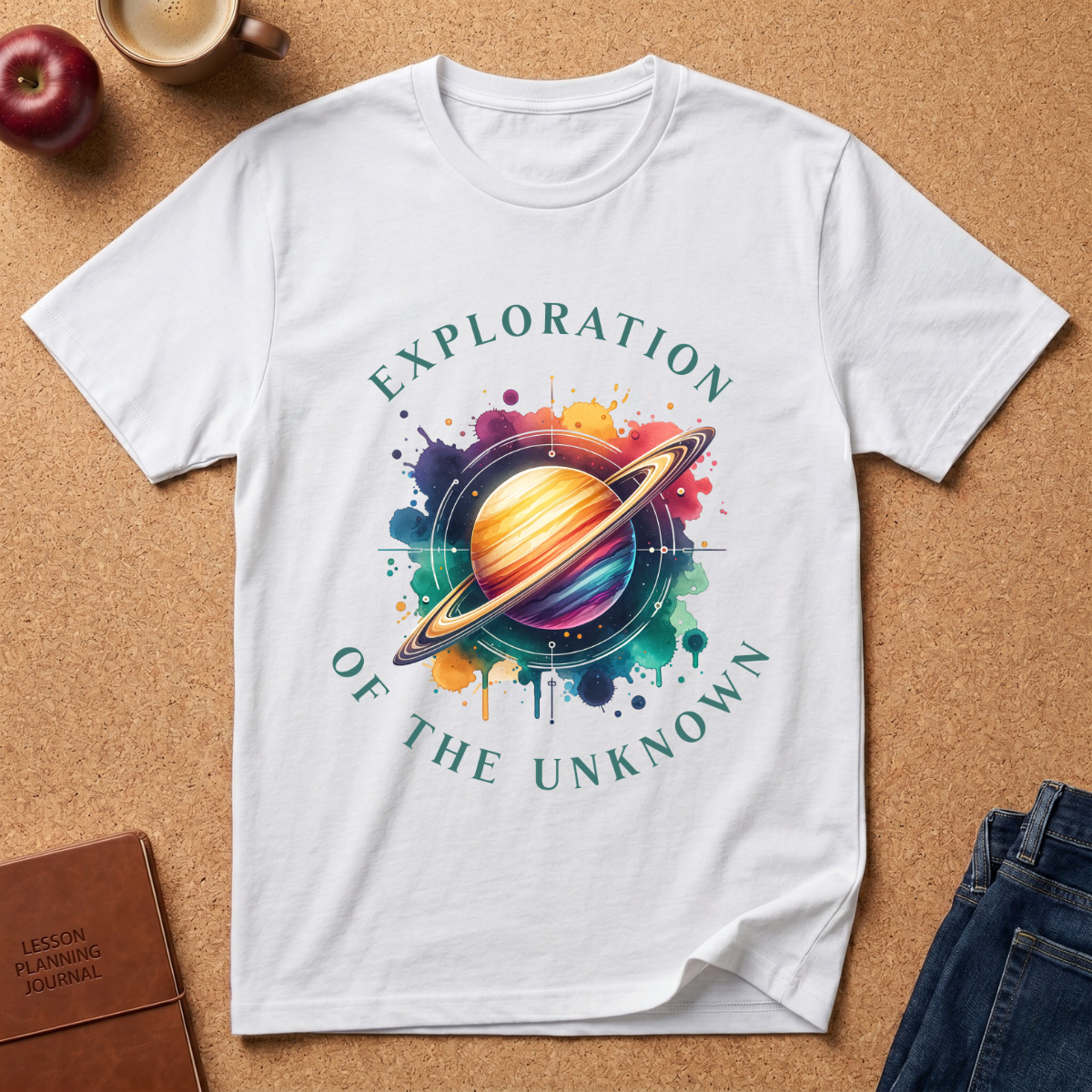 Exploration of the Unknown T-Shirt — Colorful Saturn Space Graphic