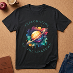 Exploration of the Unknown T-Shirt — Colorful Saturn Space Graphic