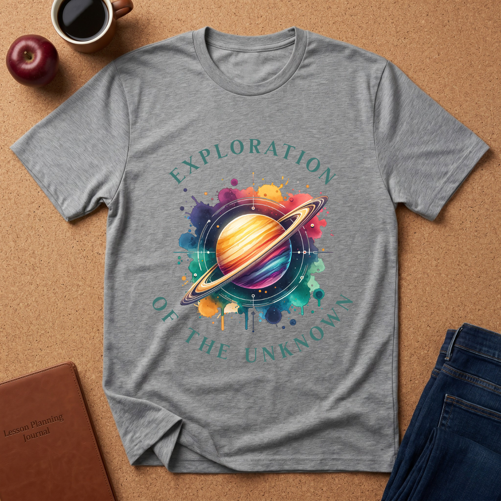 Exploration of the Unknown T-Shirt — Colorful Saturn Space Graphic