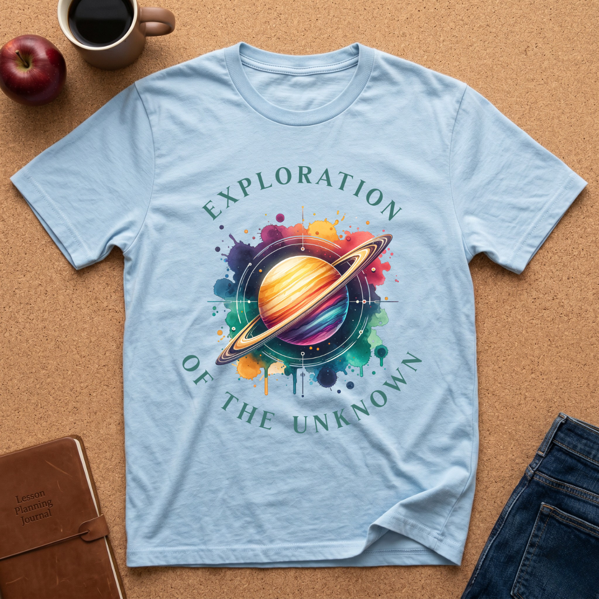 Exploration of the Unknown T-Shirt — Colorful Saturn Space Graphic