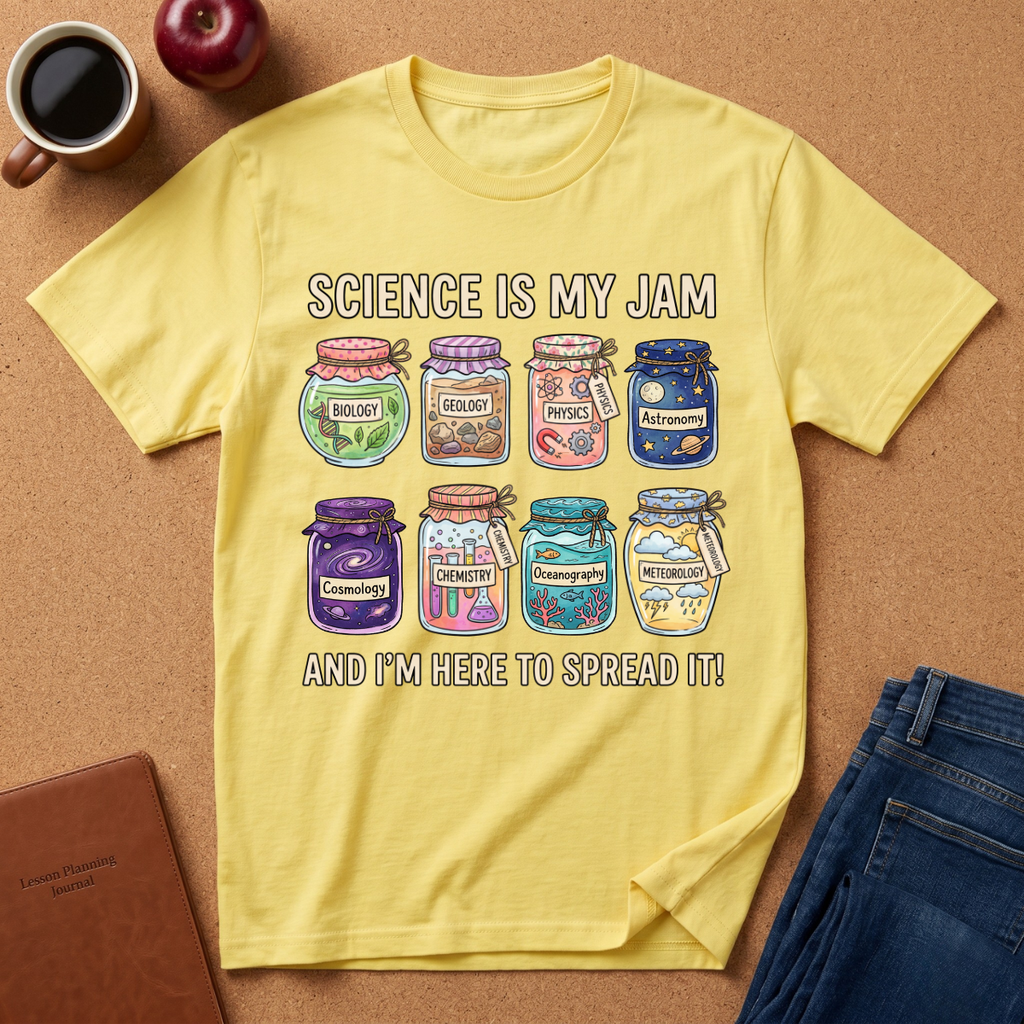 Science Is My Jam T-Shirt — Cute Jam Jar Science Design (Biology, Geology, Physics, Astronomy)