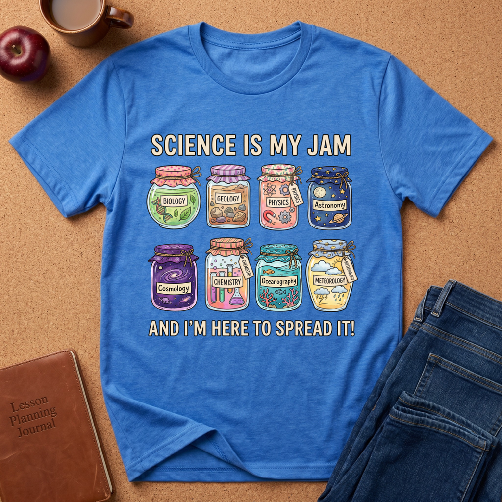 Science Is My Jam T-Shirt — Cute Jam Jar Science Design (Biology, Geology, Physics, Astronomy)