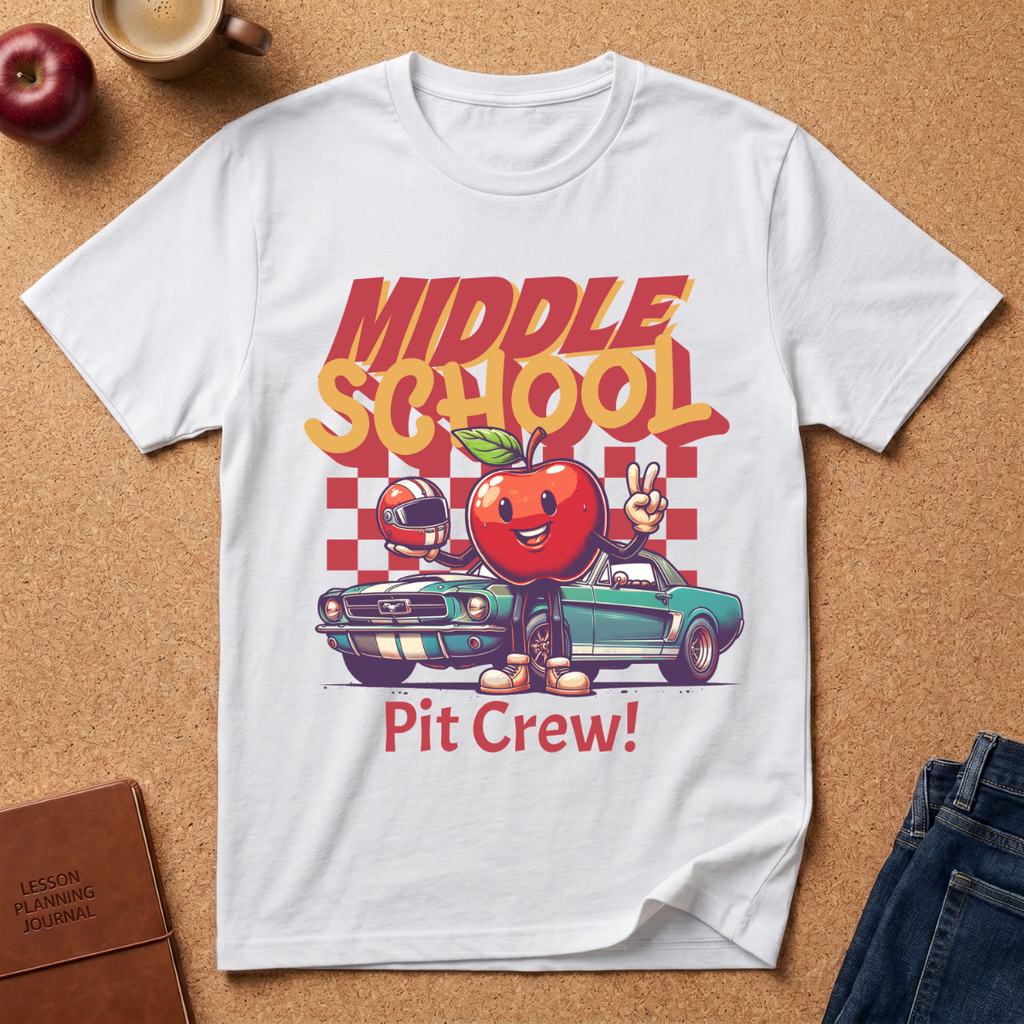 Middle School Pit Crew T-Shirt — Retro Racing Apple School Spirit Tee