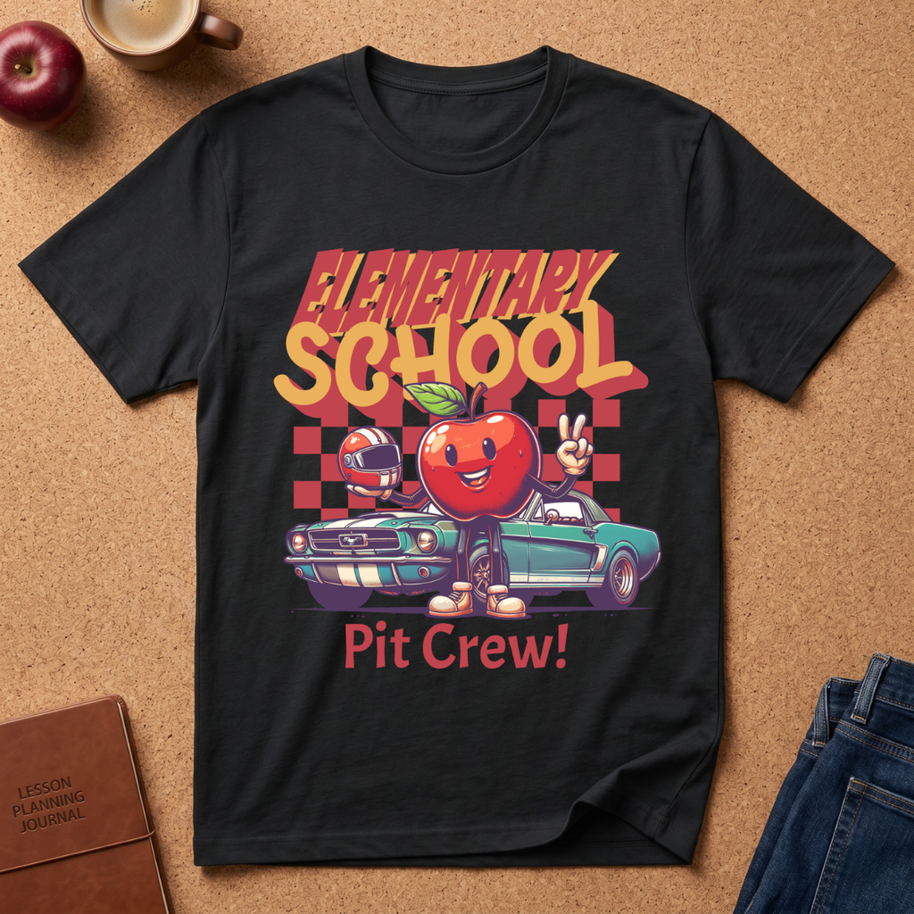 Elementary School Pit Crew T-Shirt — Retro Apple Teacher & Student Back-to-School Tee