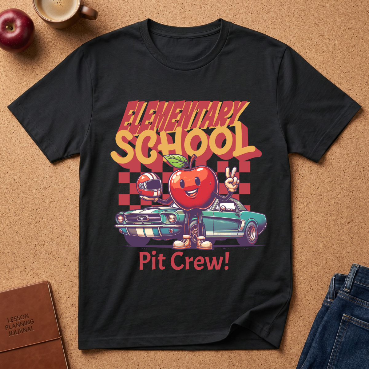 Elementary School Pit Crew T-Shirt — Retro Apple Teacher & Student Back-to-School Tee