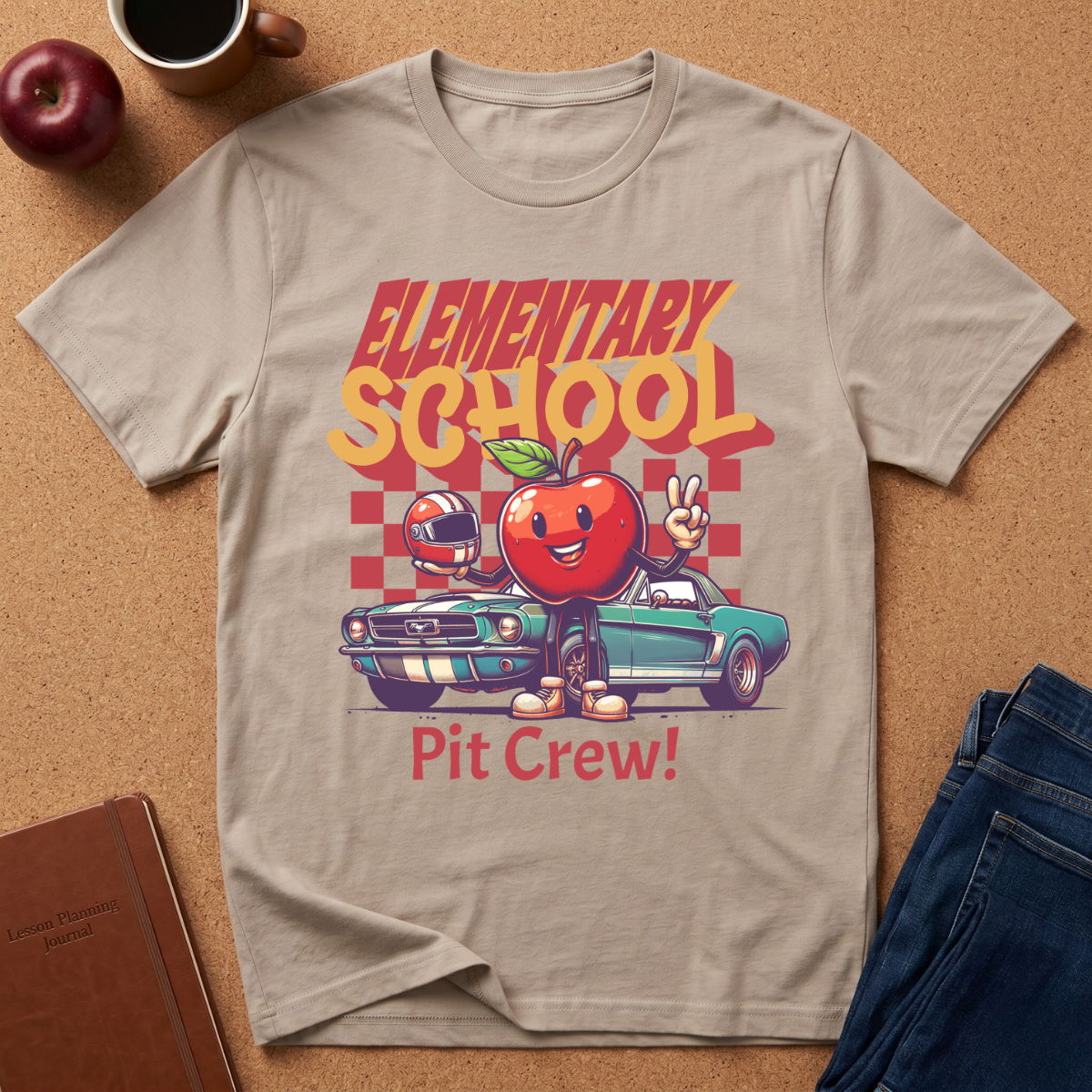 Elementary School Pit Crew T-Shirt — Retro Apple Teacher & Student Back-to-School Tee