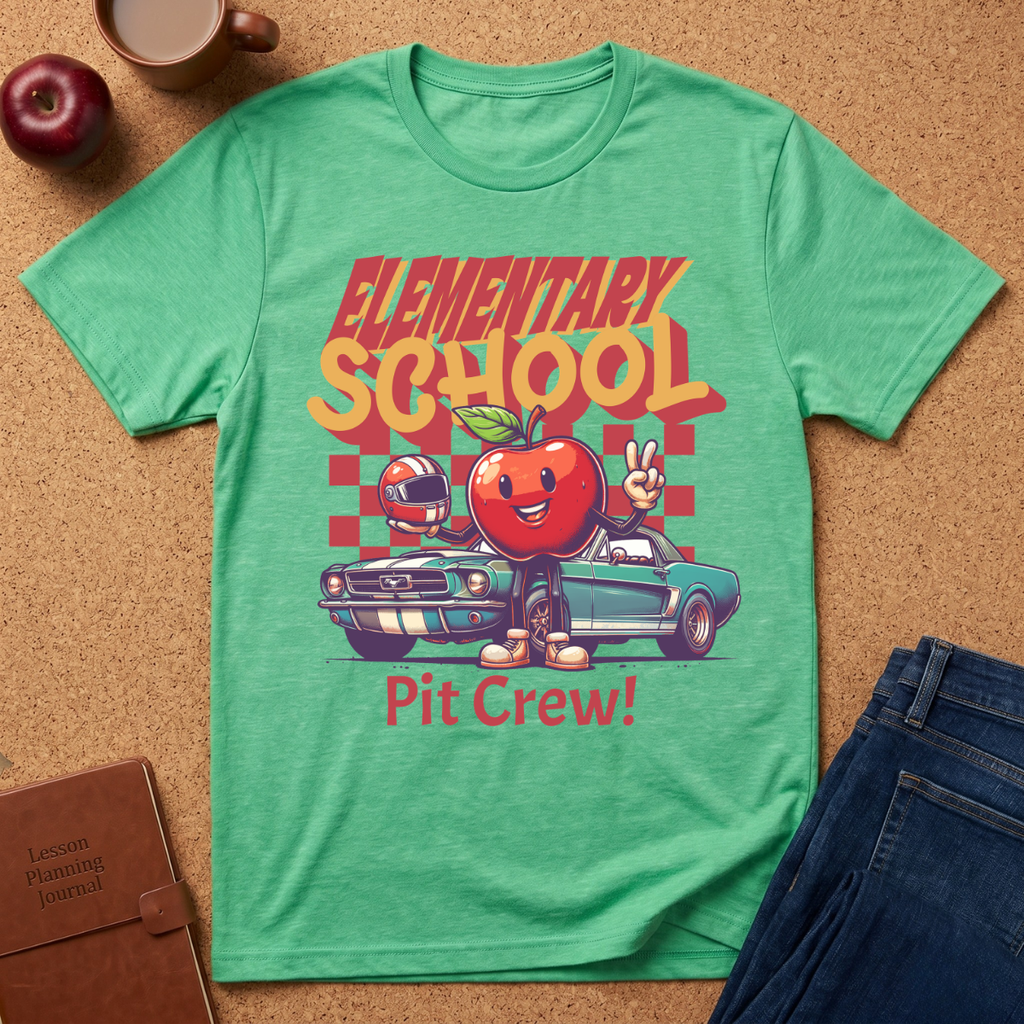 Elementary School Pit Crew T-Shirt — Retro Apple Teacher & Student Back-to-School Tee