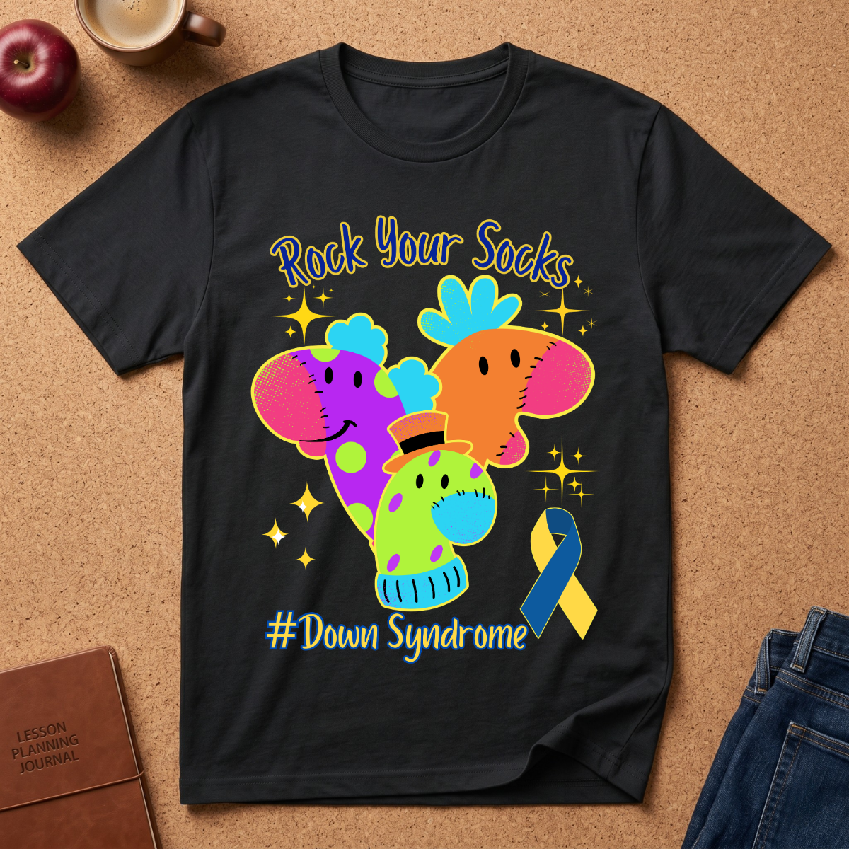 A black graphic t-shirt laid flat on a cork surface, featuring a colorful design of three cartoon elephants in rainbow colors with a blue and yellow awareness ribbon and the text 'Rock Your Socks' and '#Down Syndrome'.