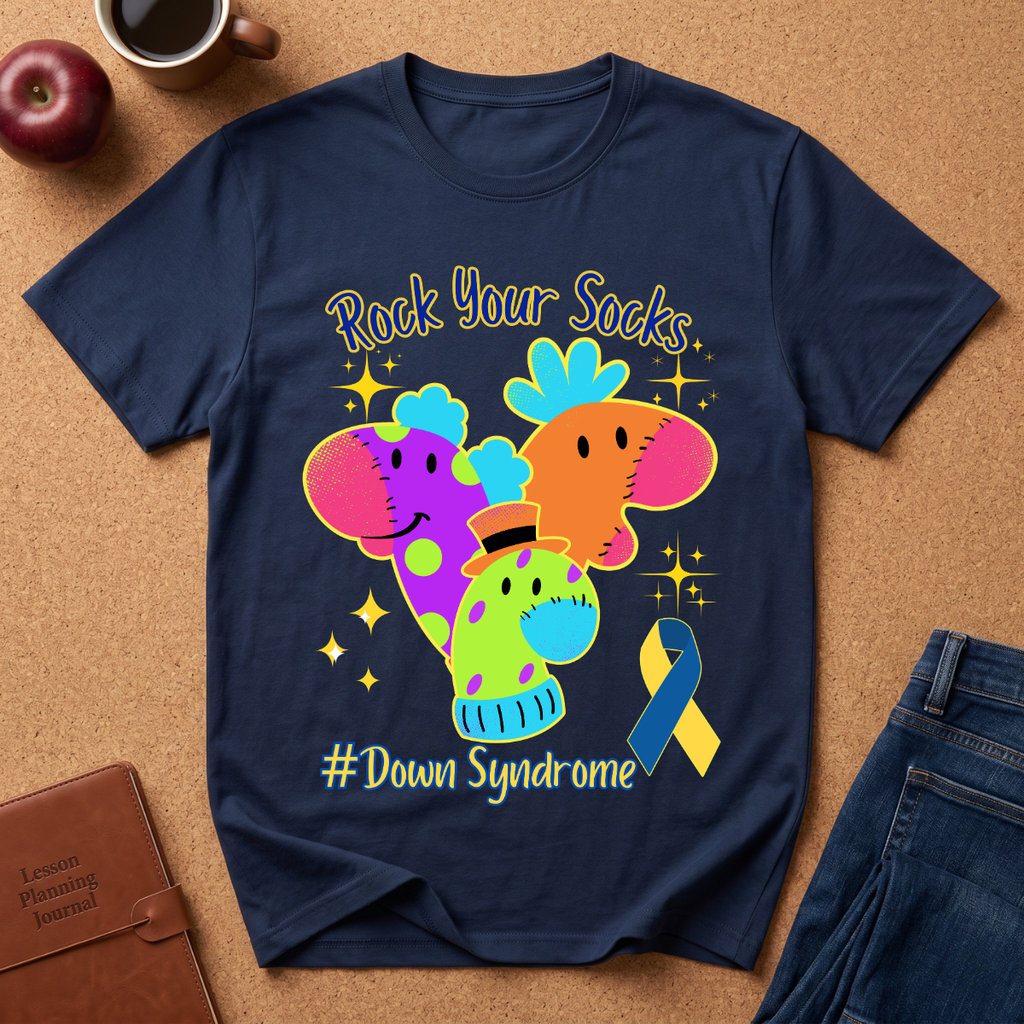 A navy blue graphic t-shirt laid flat on a brown cork surface, featuring colorful cartoon elephants and the text 'Rock Your Soaks' and '# Down Syndrome' with a blue and yellow awareness ribbon. Surrounding props include an apple, a coffee cup, a brown journal, and blue jeans.