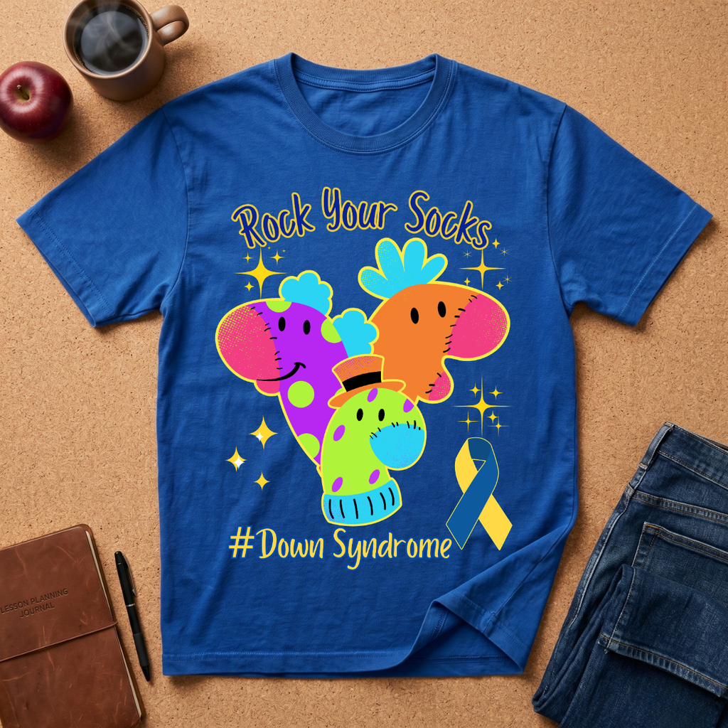 A blue graphic t-shirt laid flat on a cork surface, featuring three colorful elephant characters and the text 'Rock Your Socks' and '# Down Syndrome'. Surrounding props include a coffee mug, apple, notebook, pen, and jeans.