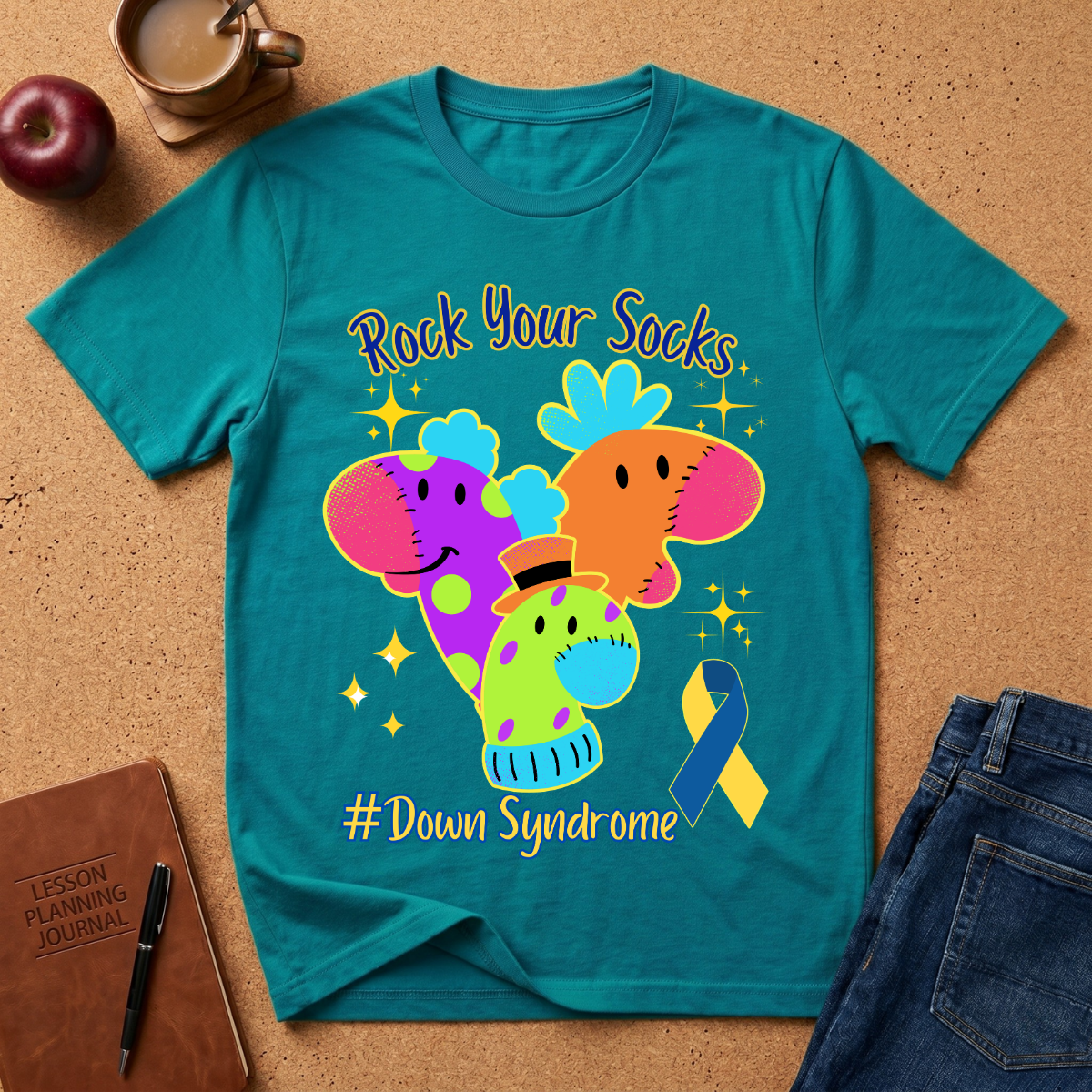 A teal short-sleeve graphic T-shirt laid flat on a cork surface, surrounded by lifestyle props including a coffee cup, apple, notebook, pen, and jeans. The shirt features colorful illustrated elephants and the text 'Rock Your Socks' and '# Down Syndrome' with a blue-and-yellow awareness ribbon.