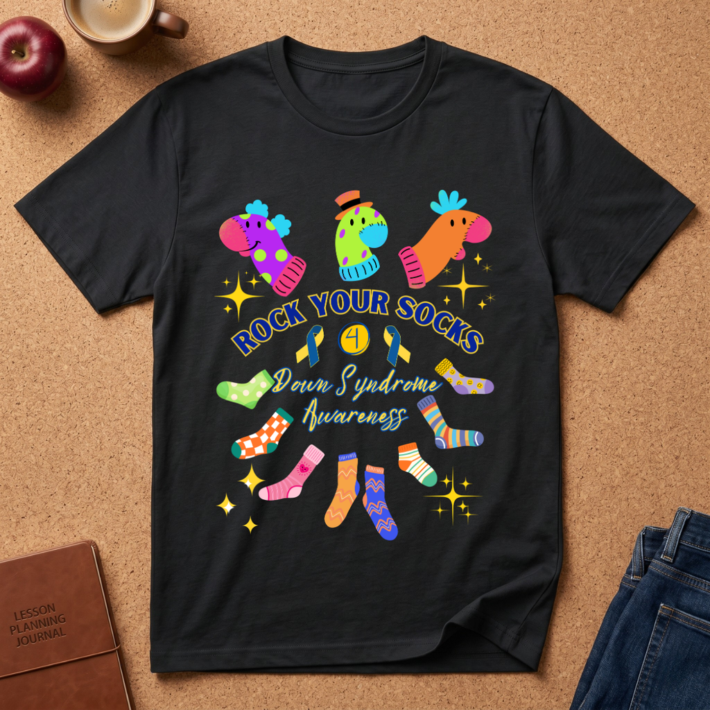 A black short-sleeve graphic T-shirt laid flat on a cork surface, featuring colorful socks and the text 'ROCK YOUR SOCKS' and 'Down Syndrome Awareness.' Surrounding props include a coffee cup, apple, journal, and jeans.