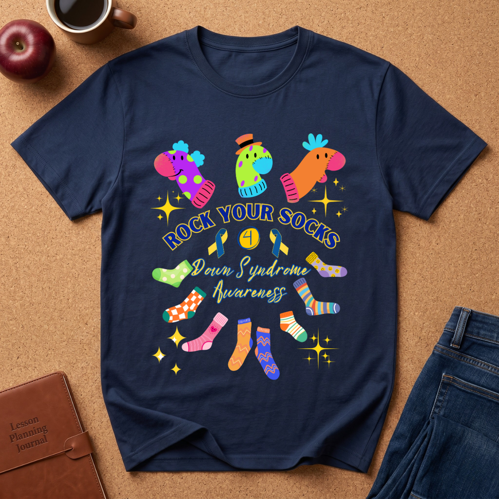 A navy blue graphic t-shirt laid flat on a cork board background, surrounded by lifestyle props including a brown leather journal, a red apple, a coffee cup, and blue jeans. The t-shirt features a colorful graphic of various patterned socks and the text 'ROCK YOUR SOCKS Down Syndrome Awareness'.