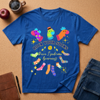 A bright blue graphic t-shirt laid flat on a cork surface, surrounded by lifestyle props including an apple, a mug, a notebook, and jeans. The shirt features a colorful graphic of various cartoon socks with the text 'ROCK YOUR SOCKS Down Syndrome Awareness'.