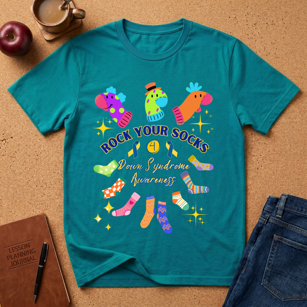 A teal short-sleeve graphic T-shirt laid flat on a cork surface, surrounded by a coffee cup, apple, notebook, pen, and jeans. The shirt features colorful illustrated socks and the text 'ROCK YOUR SOCKS Down Syndrome Awareness'.