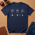Navy Blue t-shirt says "ASL" with sin language hand symbols graphic designs.  
