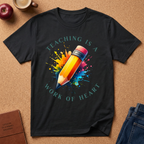 Teacher T-Shirt — "Teaching Is a Work of Heart" Watercolor Pencil Tee