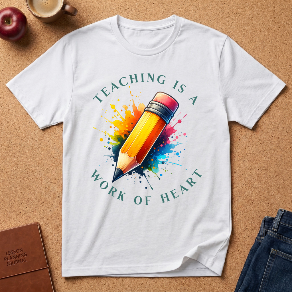 Teacher T-Shirt — "Teaching Is a Work of Heart" Watercolor Pencil Tee