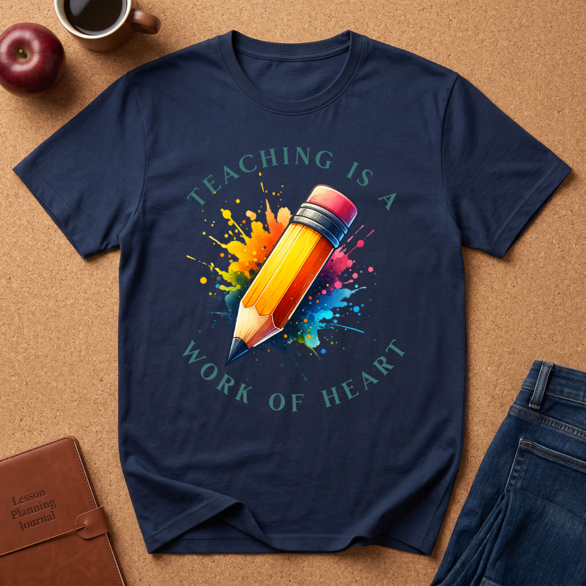 Teacher T-Shirt — "Teaching Is a Work of Heart" Watercolor Pencil Tee