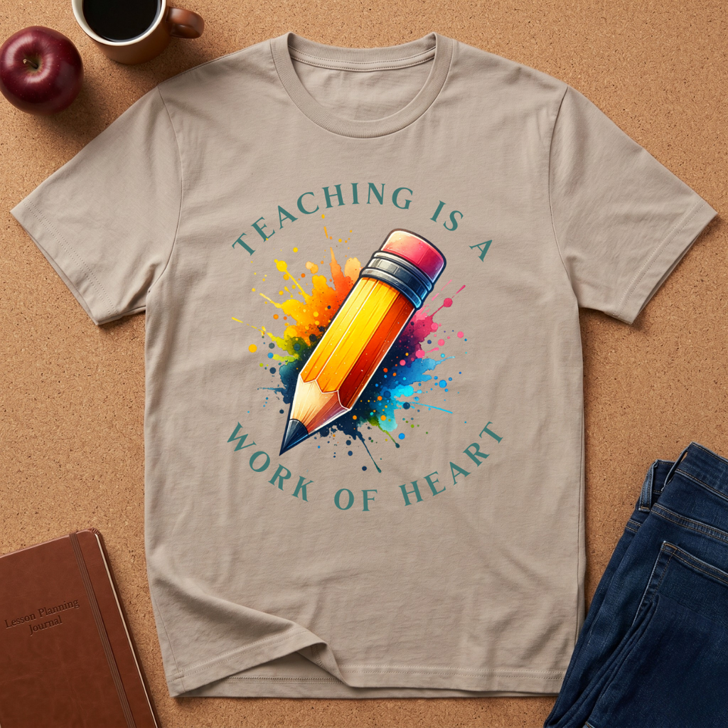Teacher T-Shirt — "Teaching Is a Work of Heart" Watercolor Pencil Tee