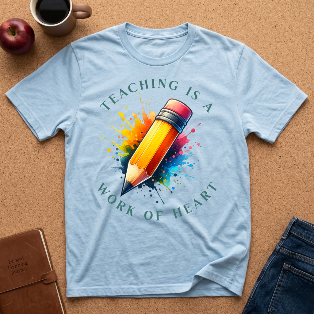 Teacher T-Shirt — "Teaching Is a Work of Heart" Watercolor Pencil Tee