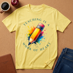 Teacher T-Shirt — "Teaching Is a Work of Heart" Watercolor Pencil Tee