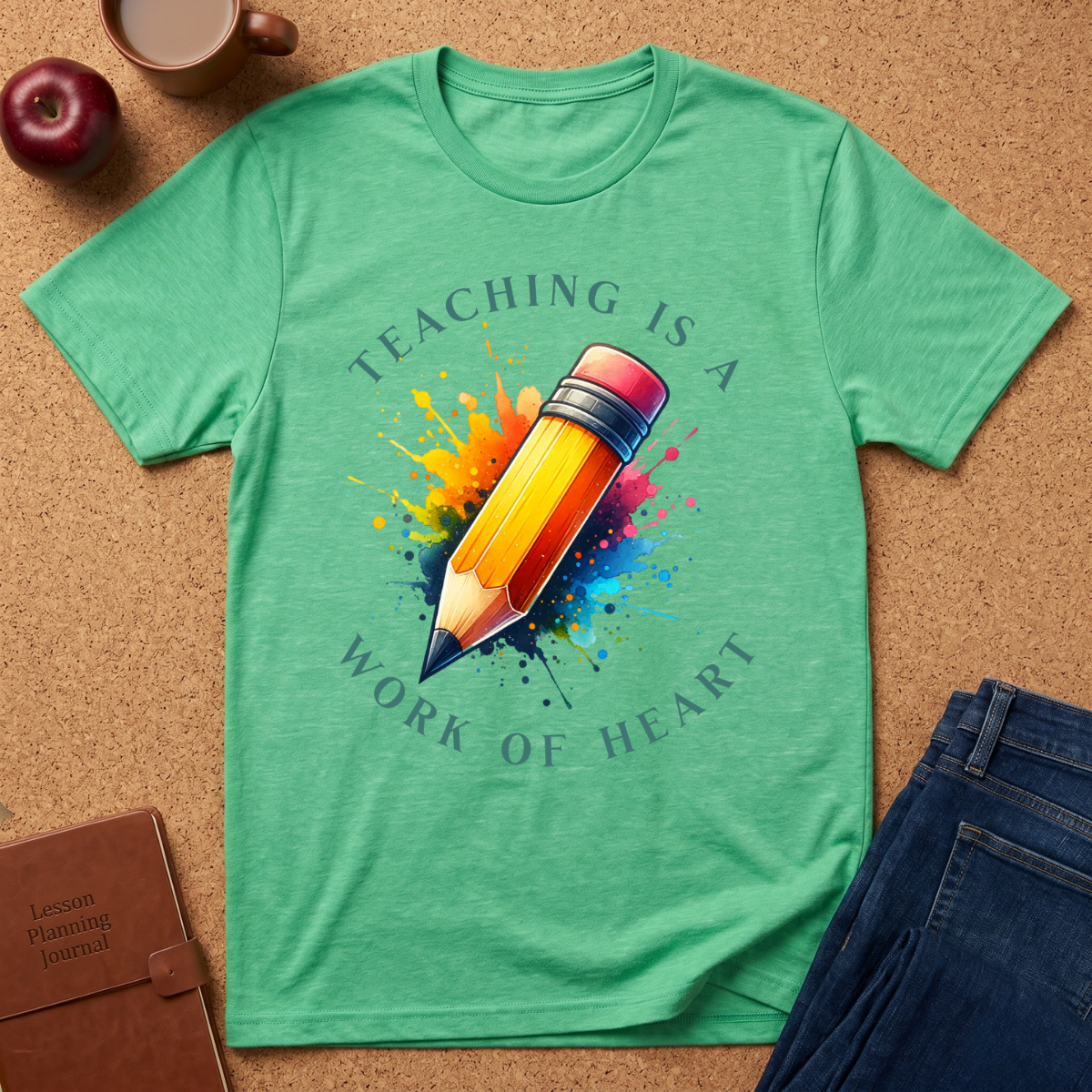Teacher T-Shirt — "Teaching Is a Work of Heart" Watercolor Pencil Tee