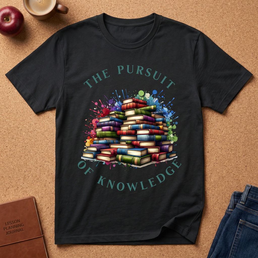 The Pursuit of Knowledge T-Shirt — Colorful Stacked Books Graphic Tee