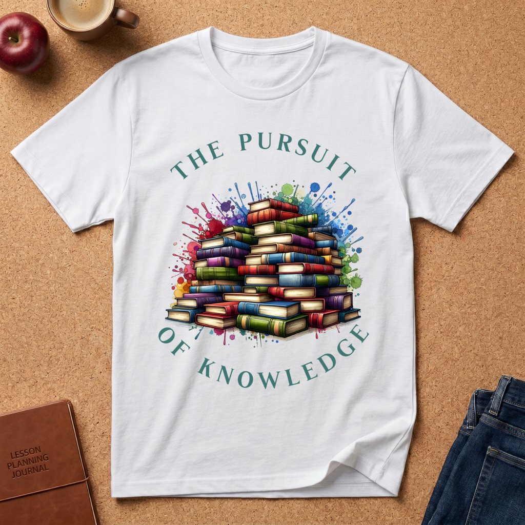 The Pursuit of Knowledge T-Shirt — Colorful Stacked Books Graphic Tee