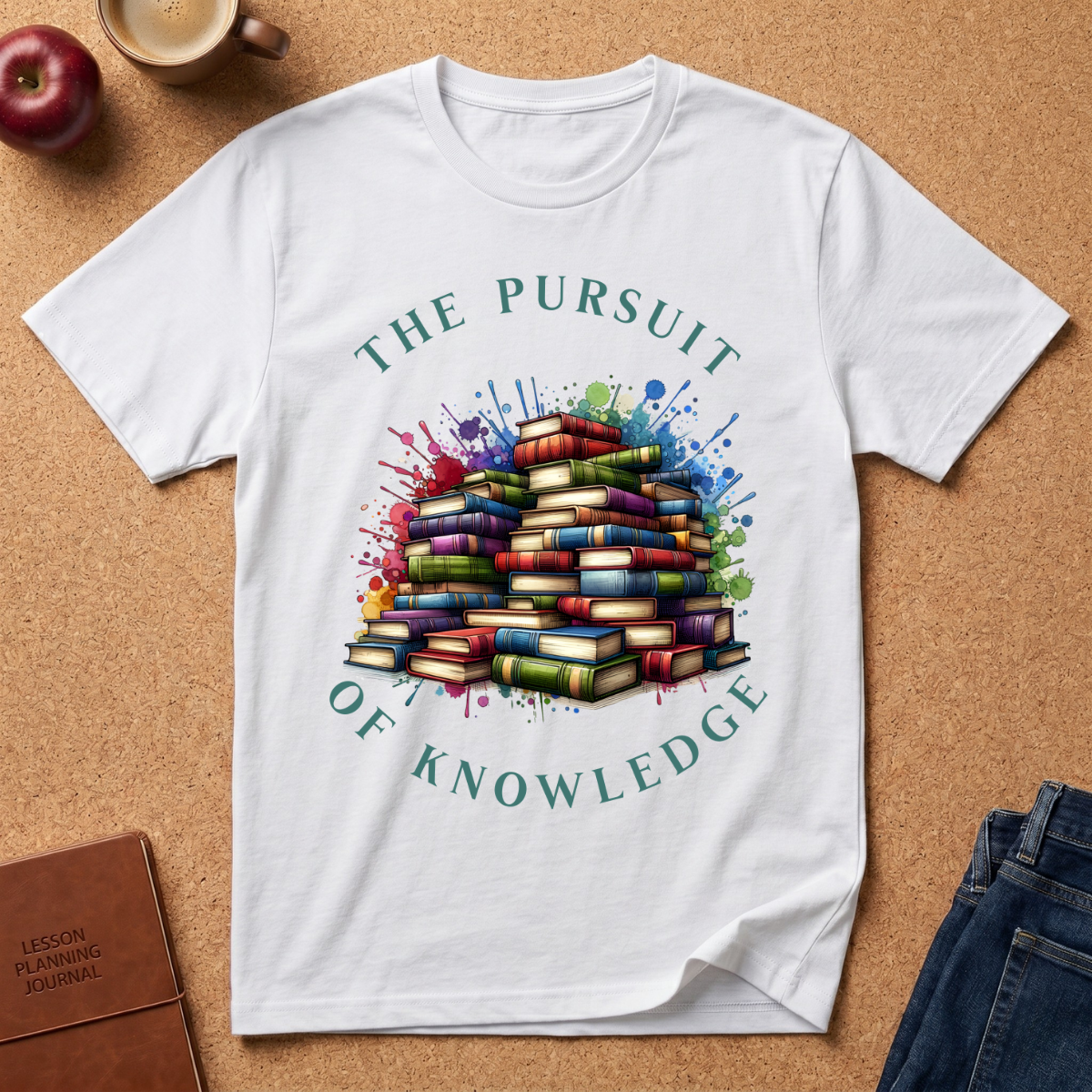 The Pursuit of Knowledge T-Shirt — Colorful Stacked Books Graphic Tee