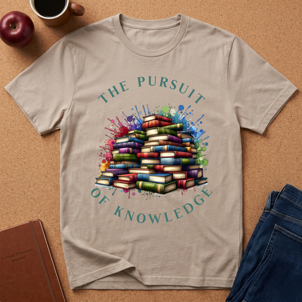 The Pursuit of Knowledge T-Shirt — Colorful Stacked Books Graphic Tee