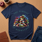 The Pursuit of Knowledge T-Shirt — Colorful Stacked Books Graphic Tee