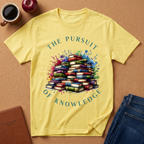 The Pursuit of Knowledge T-Shirt — Colorful Stacked Books Graphic Tee