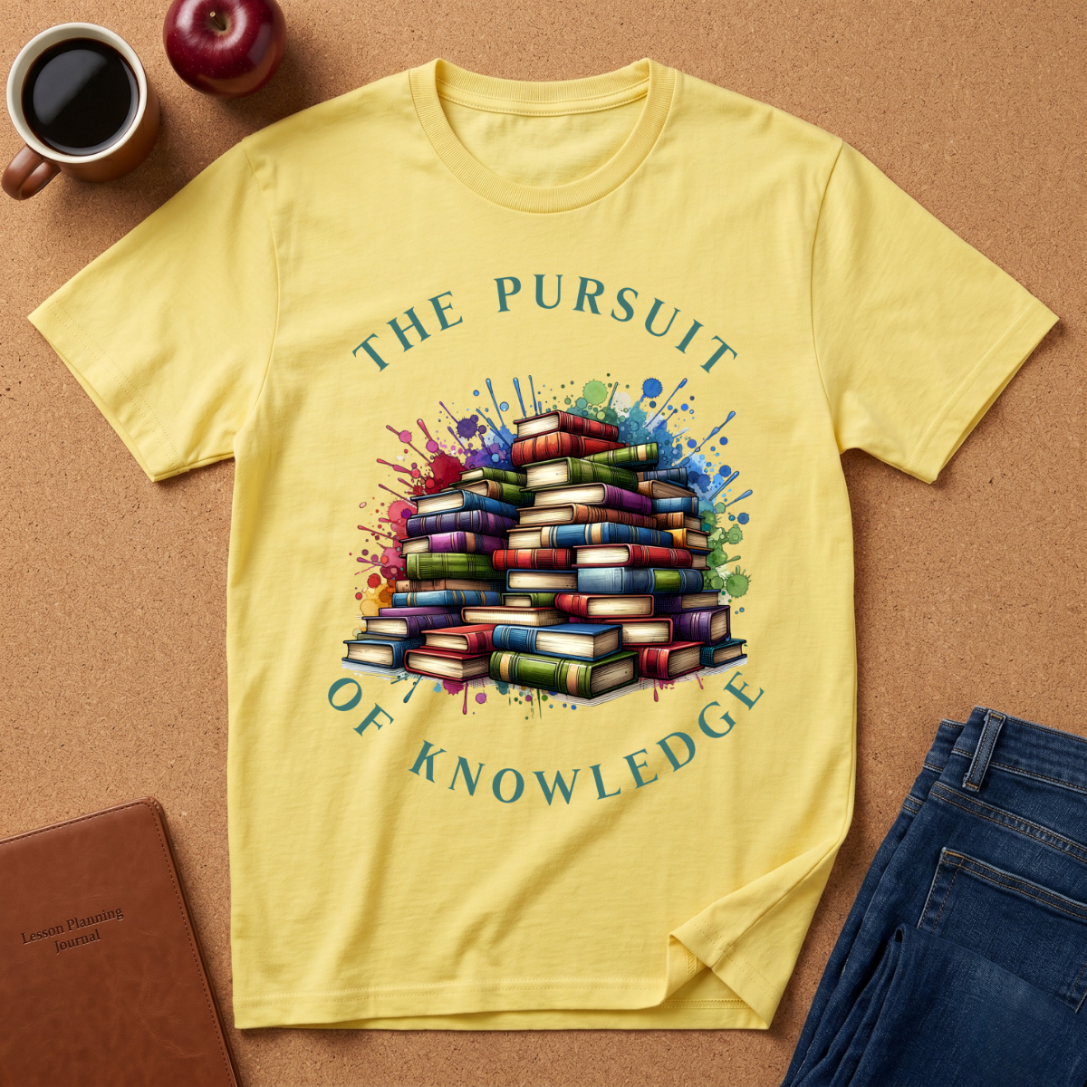 The Pursuit of Knowledge T-Shirt — Colorful Stacked Books Graphic Tee