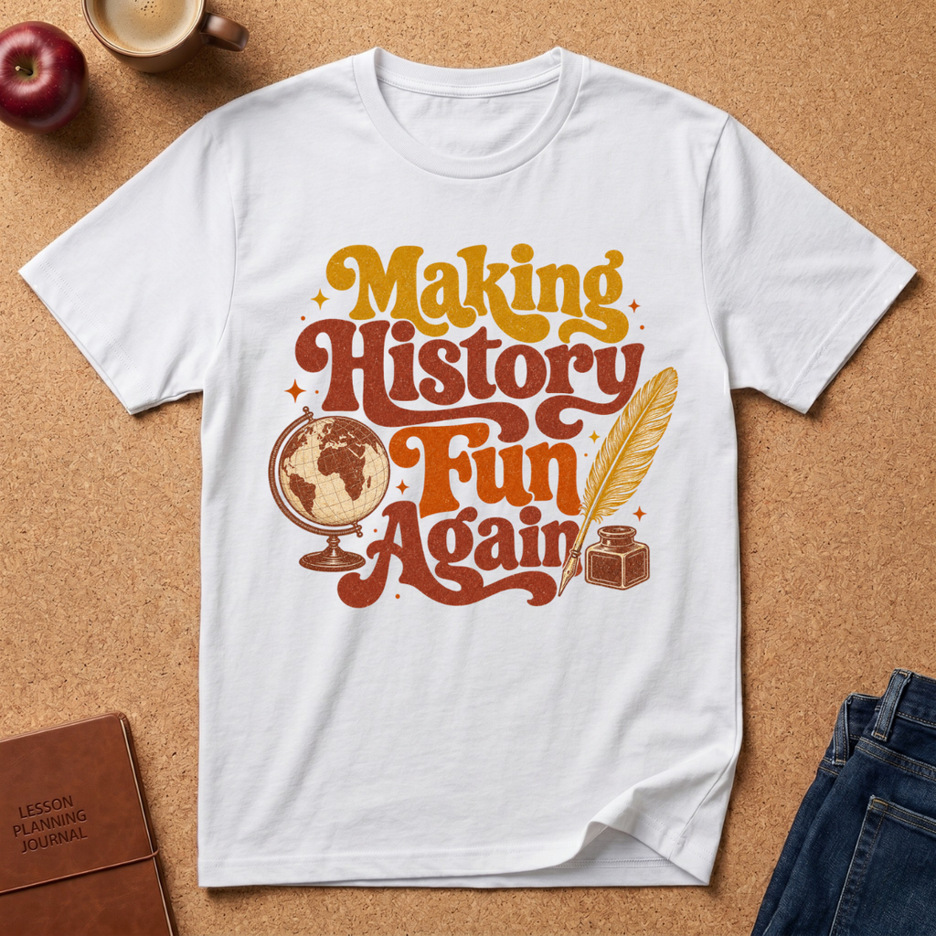 WHITE T-SHIRT SAYS MAKING HISTORY FUN AGAIN' WITH A GLOBE AND INK QUILL GRAPHIC.