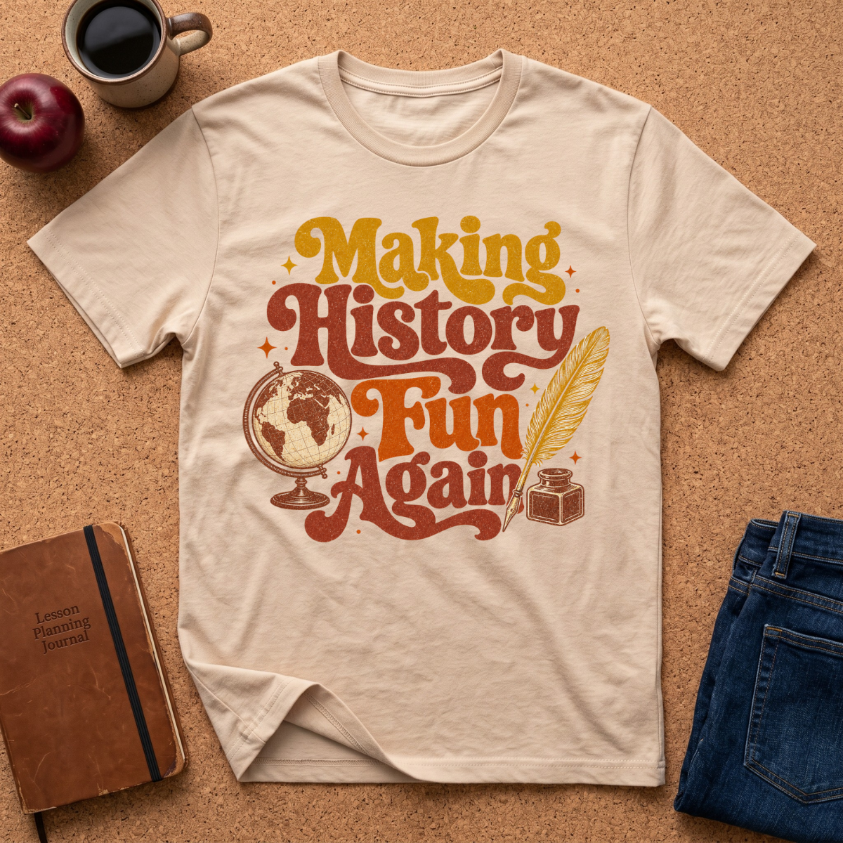 NATURAL CREME T-SHIRT SAYS MAKING HISTORY FUN AGAIN' WITH A GLOBE AND INK QUILL GRAPHIC.