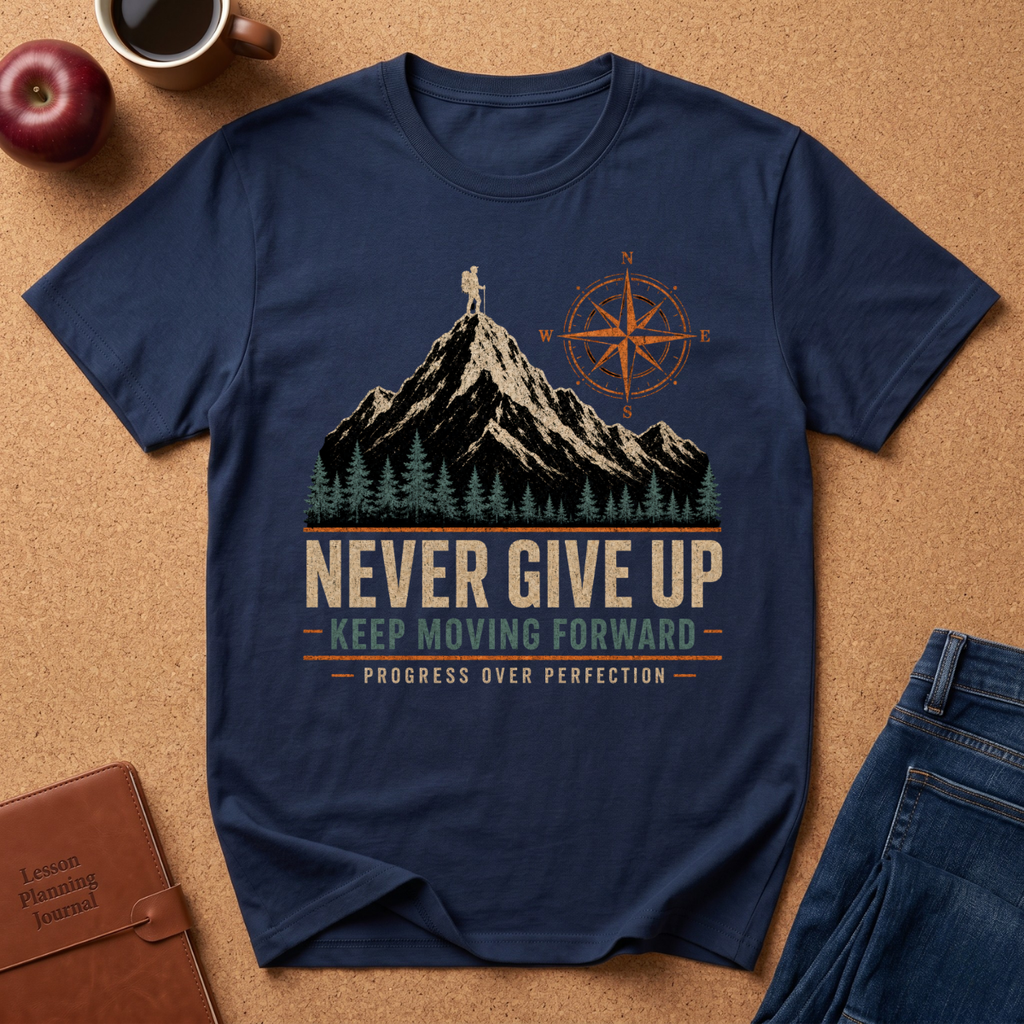 Navy Blue T-Shirt Graphic of a man hiking on a Mountain next to a compass symbol rising out of a pine forest.  Underneath it reads "Never Give Up, Keep Moving Forward, Progress over Perfection"