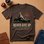 Chocolate Brown T-Shirt Graphic of a man hiking on a Mountain next to a compass symbol rising out of a pine forest.  Underneath it reads "Never Give Up, Keep Moving Forward, Progress over Perfection"